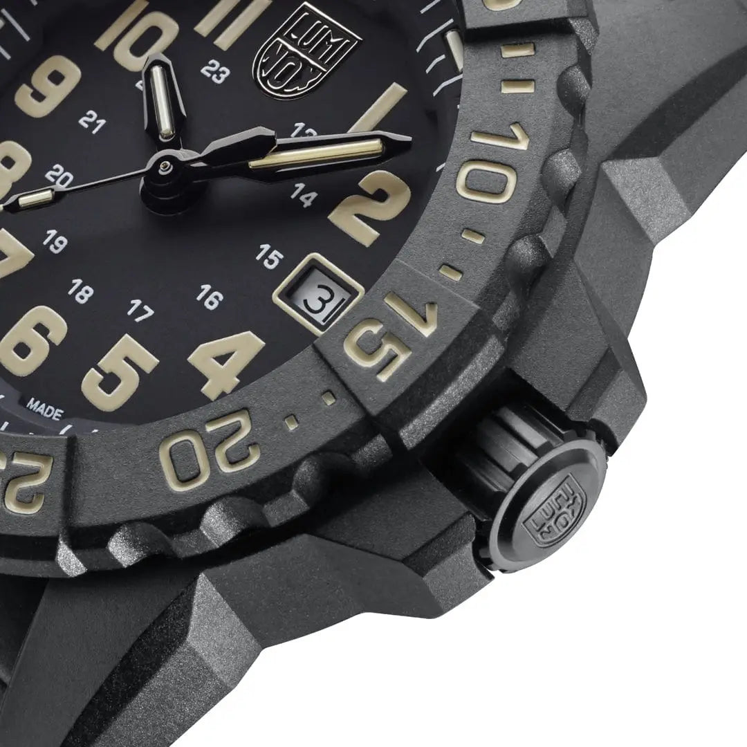 Detail of Luminox Navy Seal Military Black Dive Watch 45mm XS.3510 bezel and crown, showcasing rugged Carbonox material and precision craftsmanship.