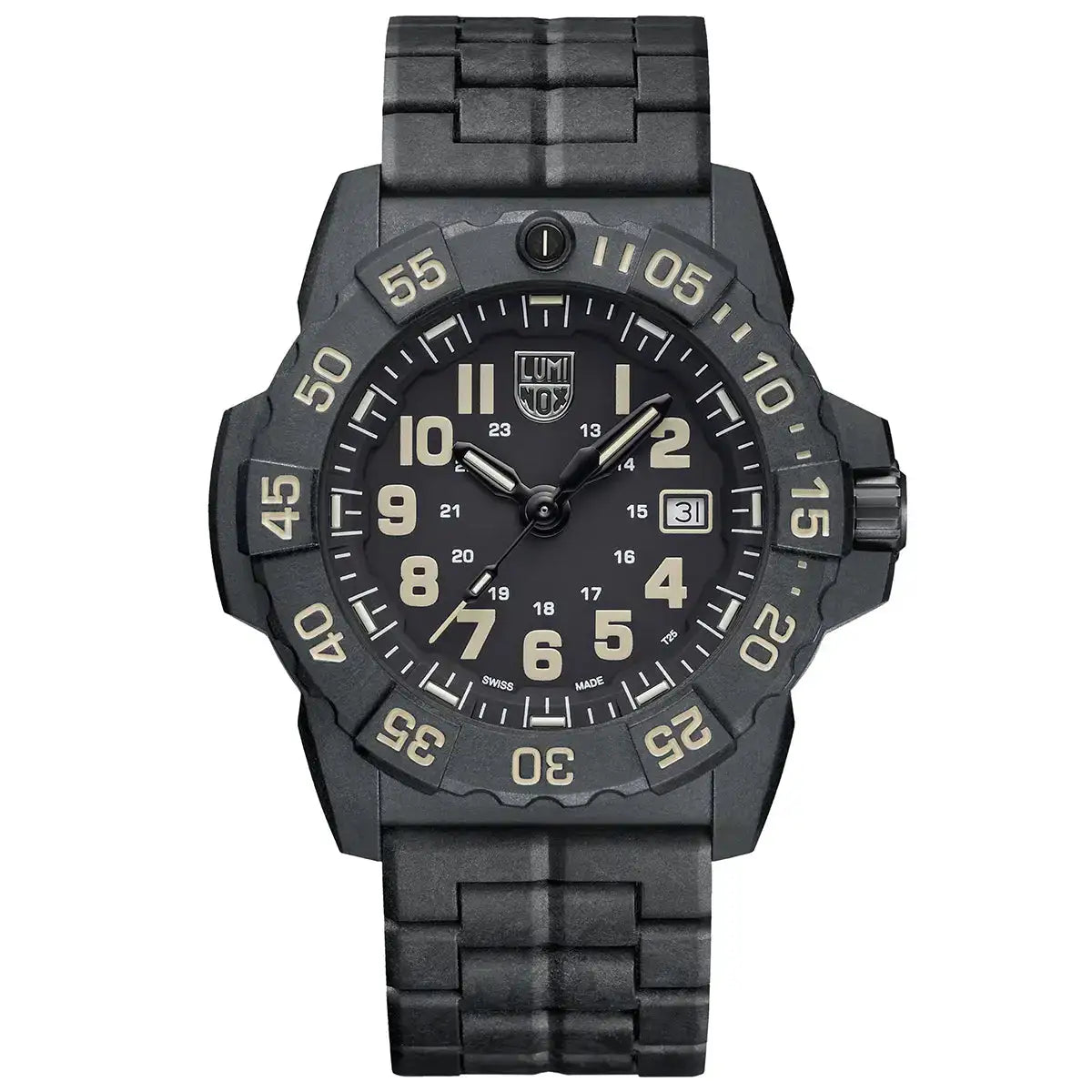 Luminox Navy Seal Military Black Dive Watch 45mm XS.3510 with beige numerals, date display, and rugged Carbonox case for tactical durability. from John Bull Clothing