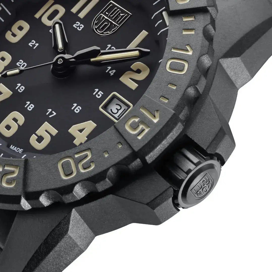 Detail of Luminox Navy Seal Military Black Dive Watch 45mm XS.3510 bezel and crown, showcasing rugged Carbonox material and precision craftsmanship. from John Bull Clothing