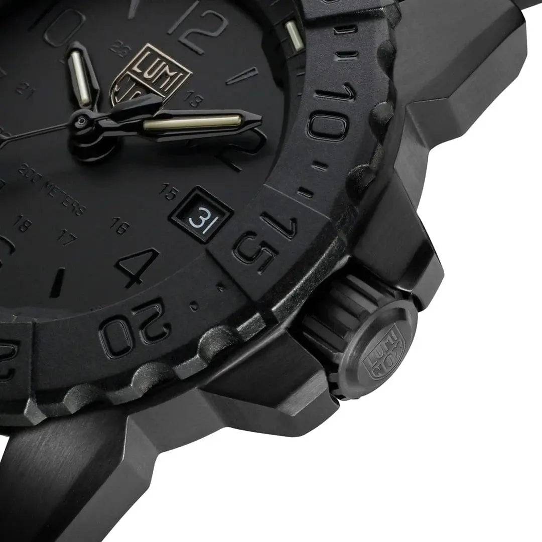 Detailed side view of the Luminox Navy Seal Steel 3250 Series Black 45mm XS.3251.BO.CB watch, showing the textured bezel and engraved crown.