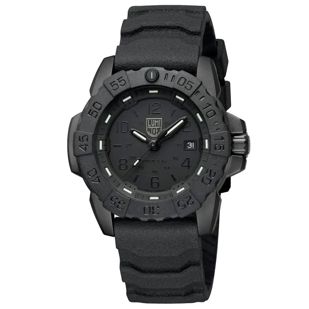 Luminox Navy Seal Steel 3250 Series Black 45mm XS.3251.BO.CB tactical watch with a bold black design, luminous markers, and a durable rubber strap.