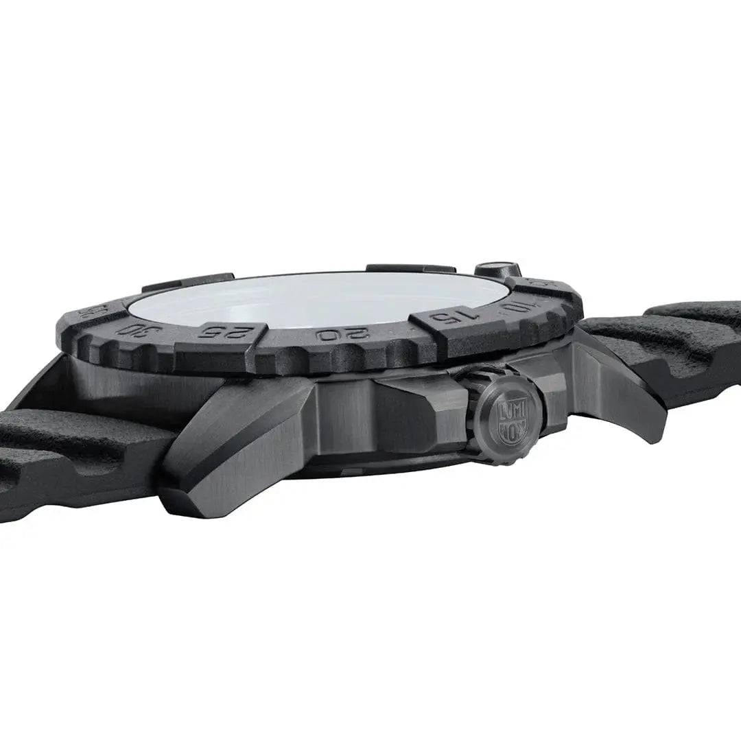 Side profile of the Luminox Navy Seal Steel 3250 Series Black 45mm XS.3251.BO.CB watch, emphasizing its rugged stainless steel case and durable build.