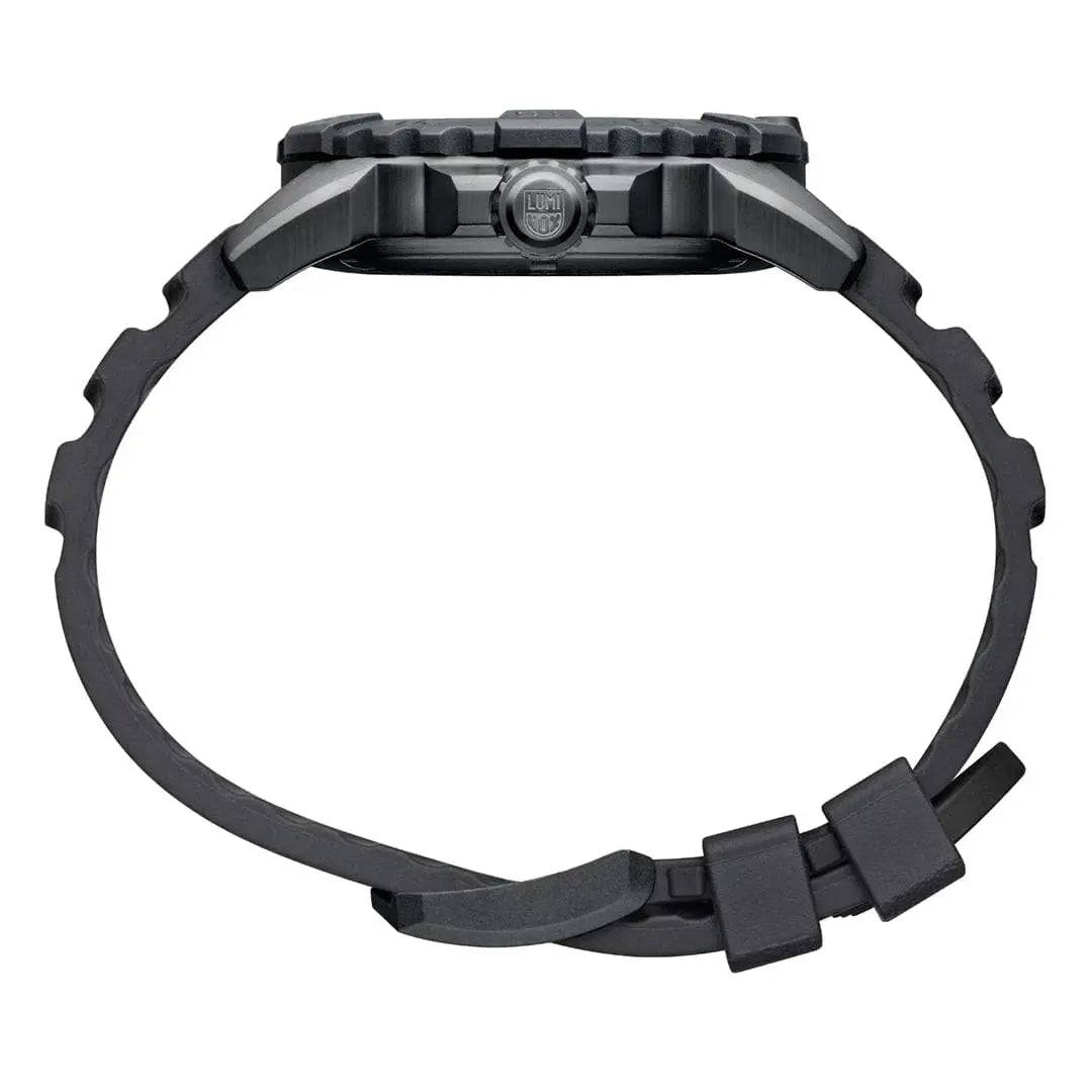 Luminox Navy Seal Steel 3250 Series Black 45mm XS.3251.BO.CB watch in a side profile with a flexible rubber strap and secure buckle closure.