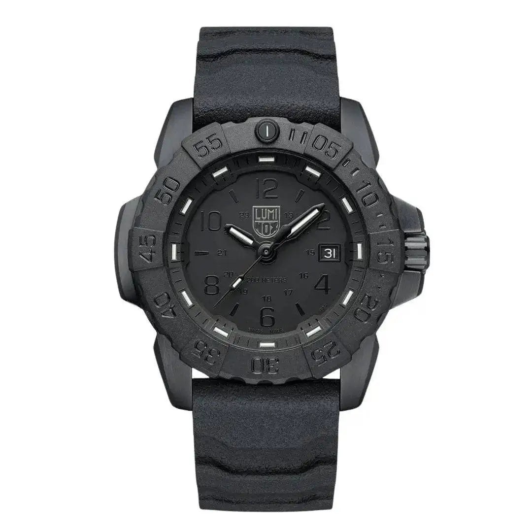 Luminox Navy Seal Steel 3250 Series Black 45mm XS.3251.BO.CB analogue watch with a rugged black dial, luminous markers, and durable rubber strap. from John Bull Clothing