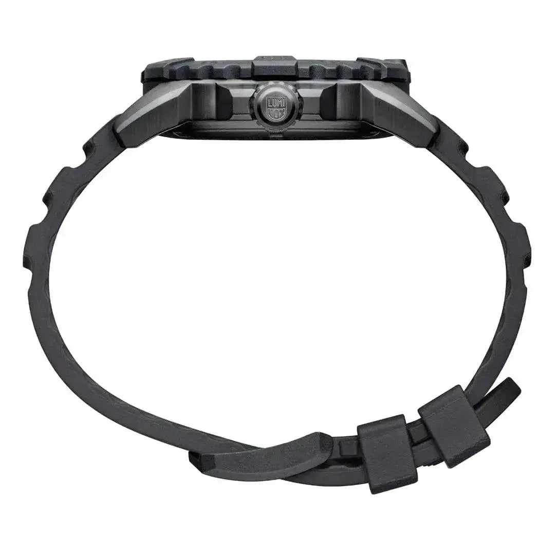 Luminox Navy Seal Steel 3250 Series Black 45mm XS.3251.BO.CB watch in a side profile with a flexible rubber strap and secure buckle closure. from John Bull Clothing