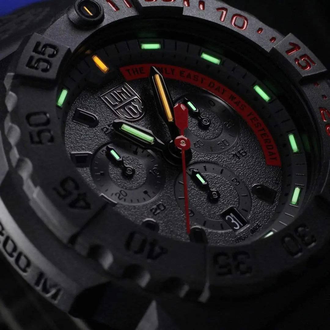 Detailed view of Luminox Navy Seal Steel 3580 Series Chronograph Watch XS.3581.EY highlighting its illuminated markers and textured dial.