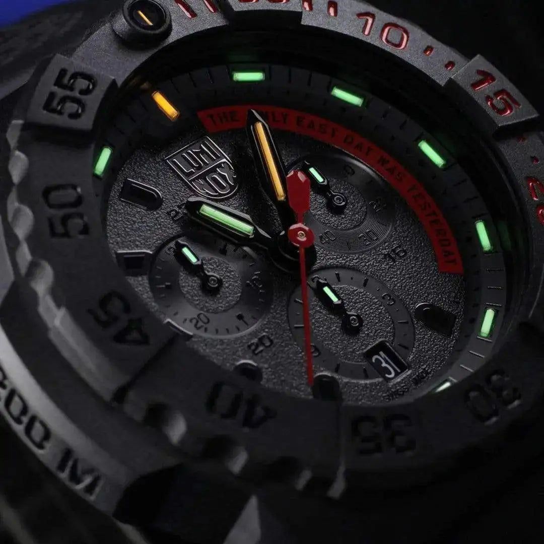 Detailed view of Luminox Navy Seal Steel 3580 Series Chronograph Watch XS.3581.EY highlighting its illuminated markers and textured dial. from John Bull Clothing