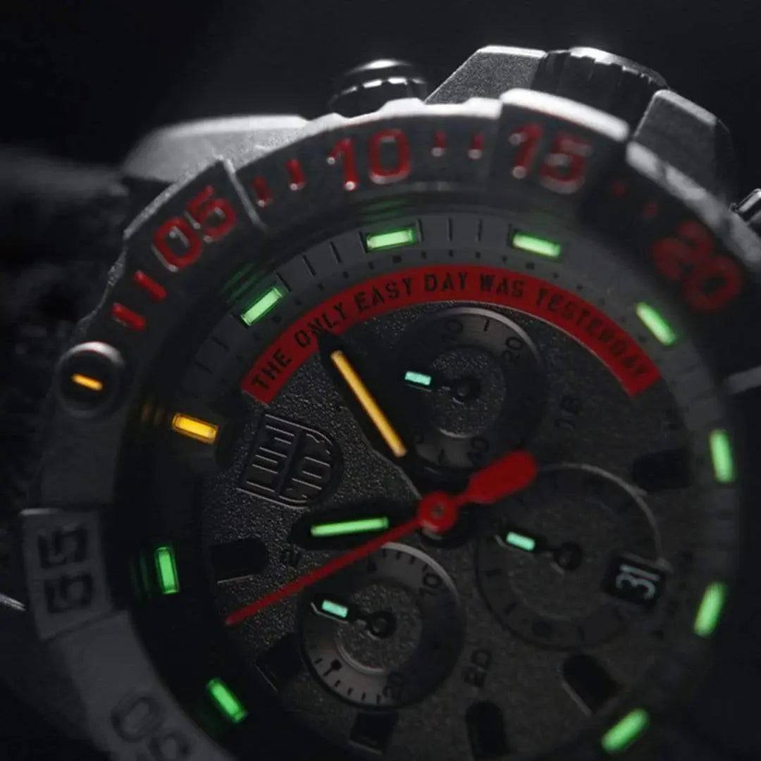 Close-up of Luminox Navy Seal Steel 3580 Series Chronograph Watch XS.3581.EY showcasing luminescent markers and rugged dial details.