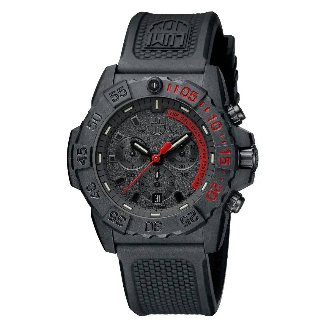 Luminox Navy Seal Steel 3580 Series Chronograph Watch XS.3581.EY with bold red and black dial, durable construction, and tactical design.