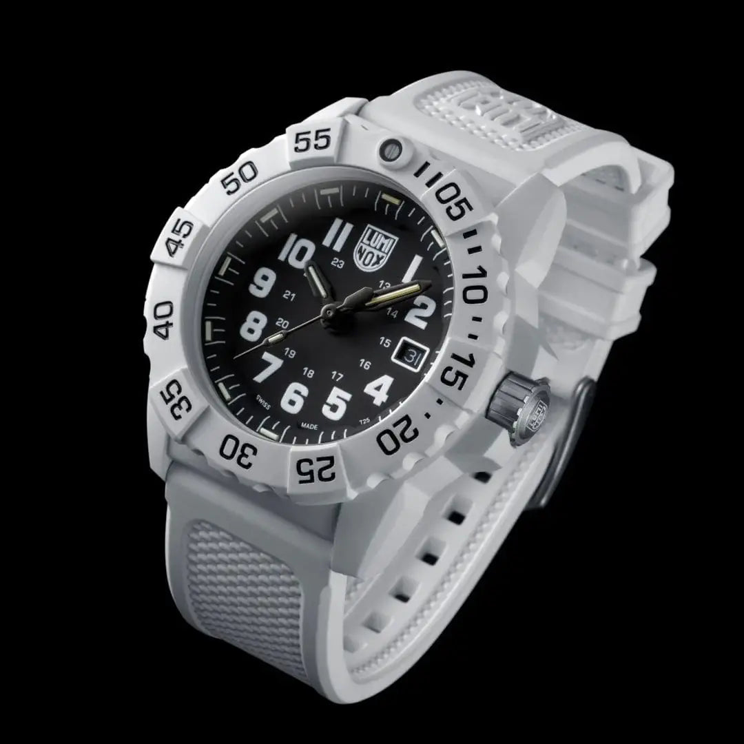 Angled view of Luminox Navy Seal White Military Dive Watch 45mm XS.3507.WB showcasing bold design and tactical build for outdoor adventures.