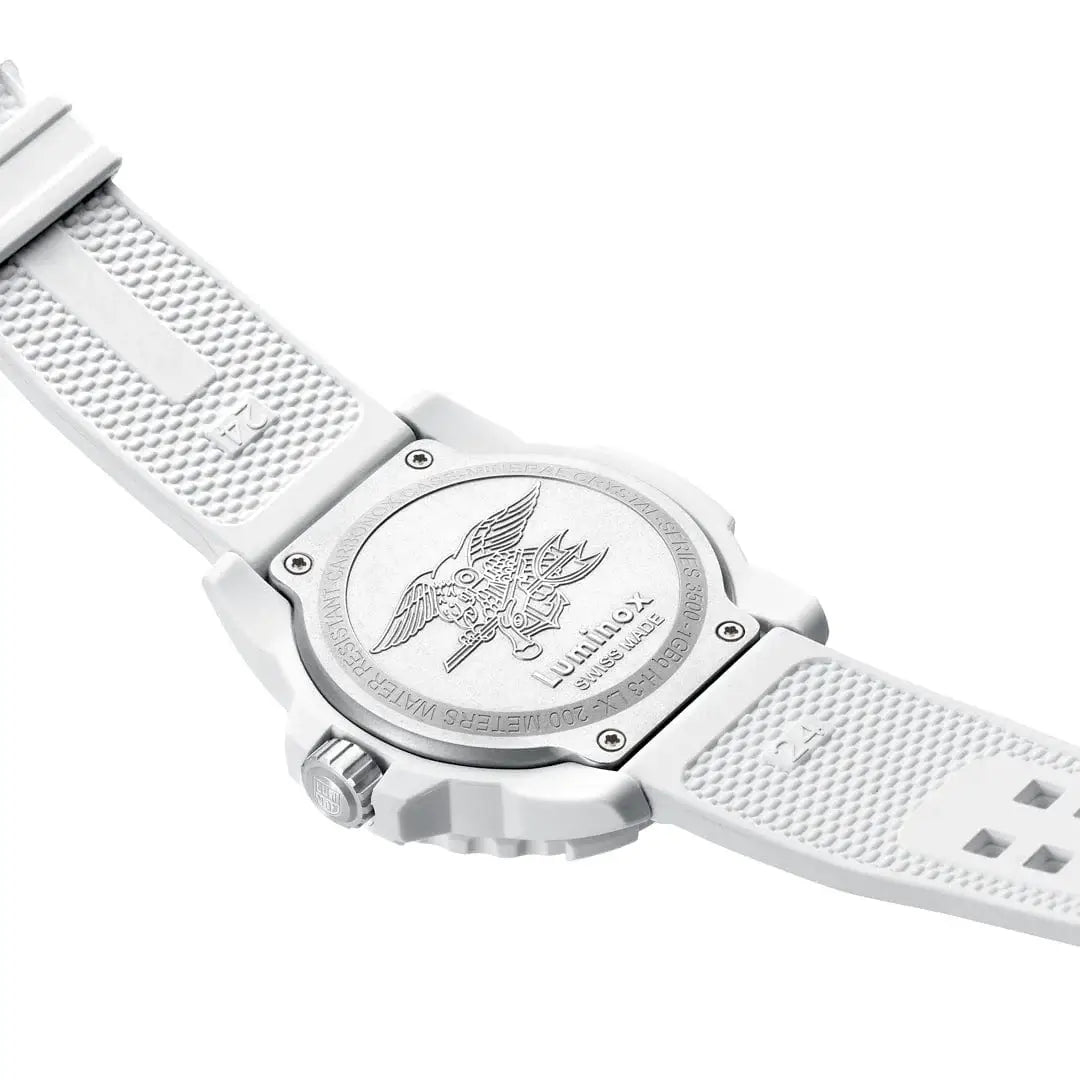 Back case of Luminox Navy Seal White Military Dive Watch 45mm XS.3507.WB featuring engraved Navy SEAL emblem and water resistance details.