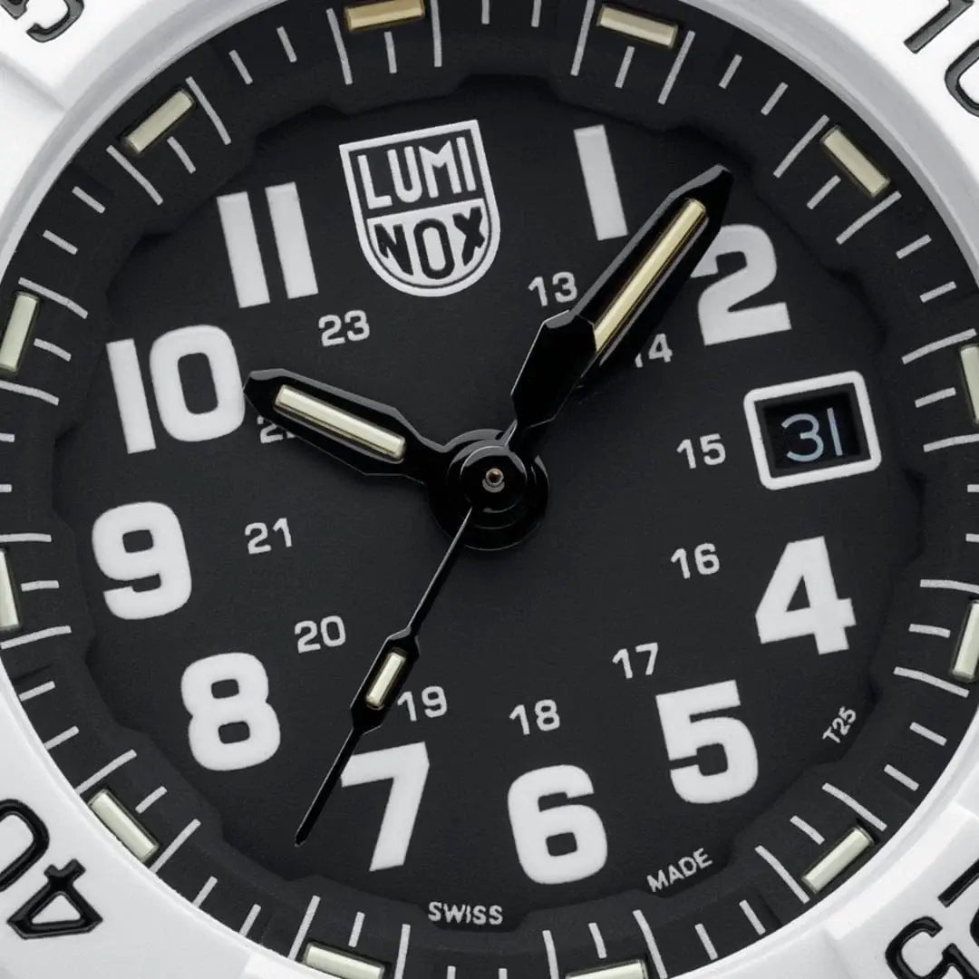 Close-up of Luminox Navy Seal White Military Dive Watch 45mm XS.3507.WB dial showing bold numerals, date window, and Swiss-made precision.
