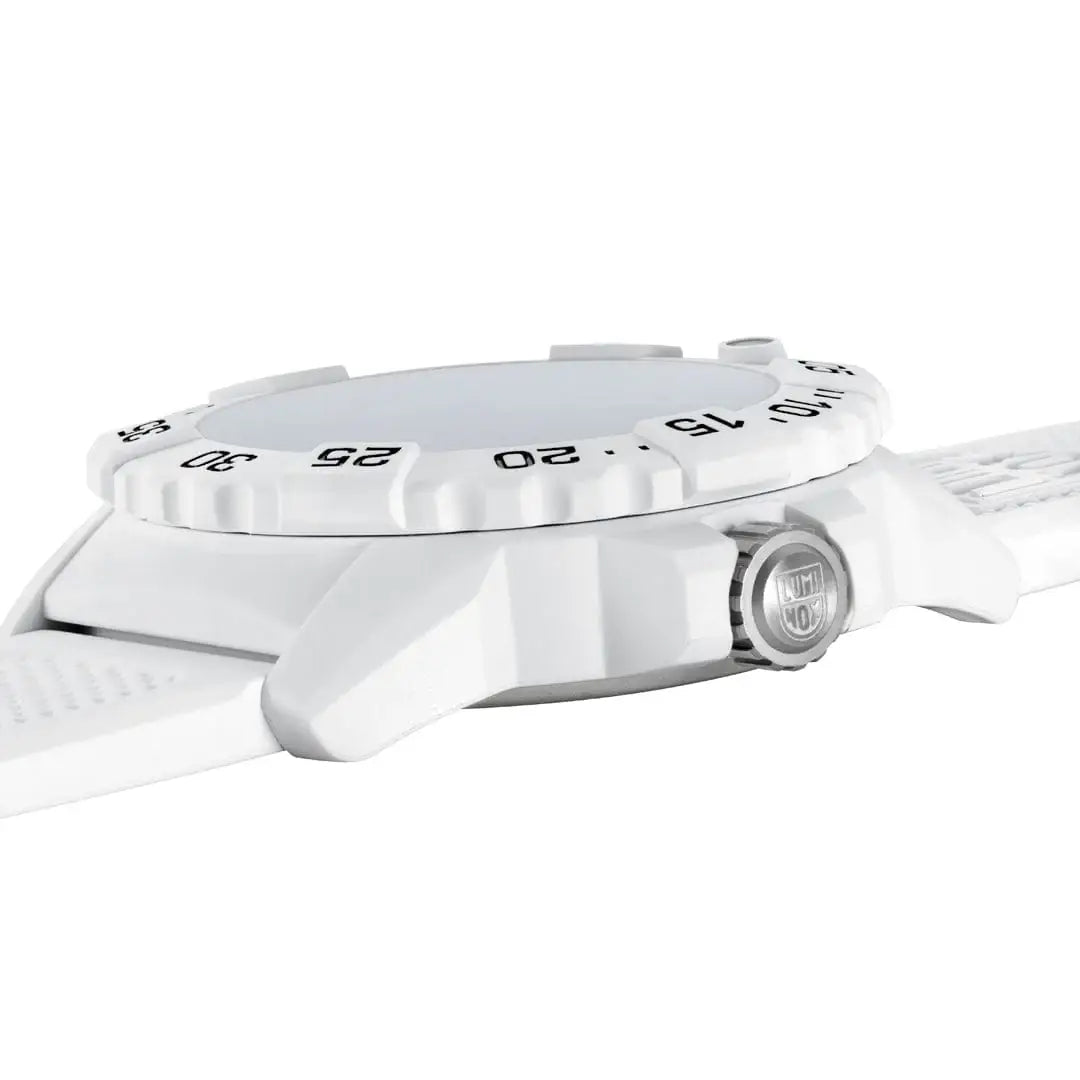 Side profile of Luminox Navy Seal White Military Dive Watch 45mm XS.3507.WB showing thick case and textured strap for secure fit.