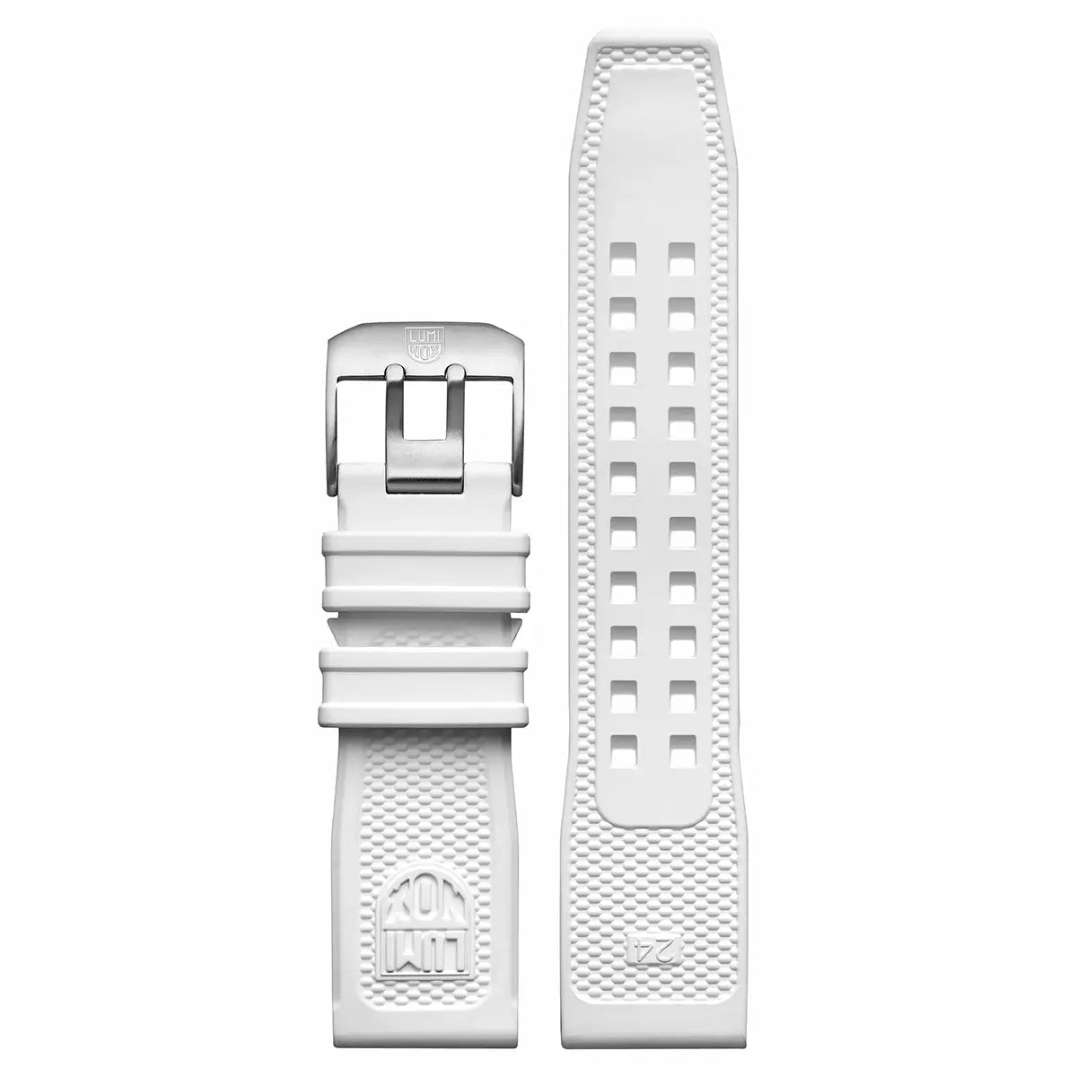 White rubber strap of Luminox Navy Seal White Military Dive Watch 45mm XS.3507.WB with textured grip and stainless steel buckle.