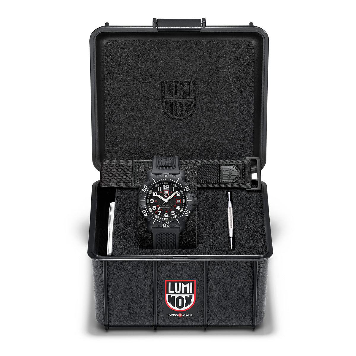 Luminox Navy Series Watch 4230 Series XS.4231.SET presented in a durable black storage case with an extra strap and tools for customization.