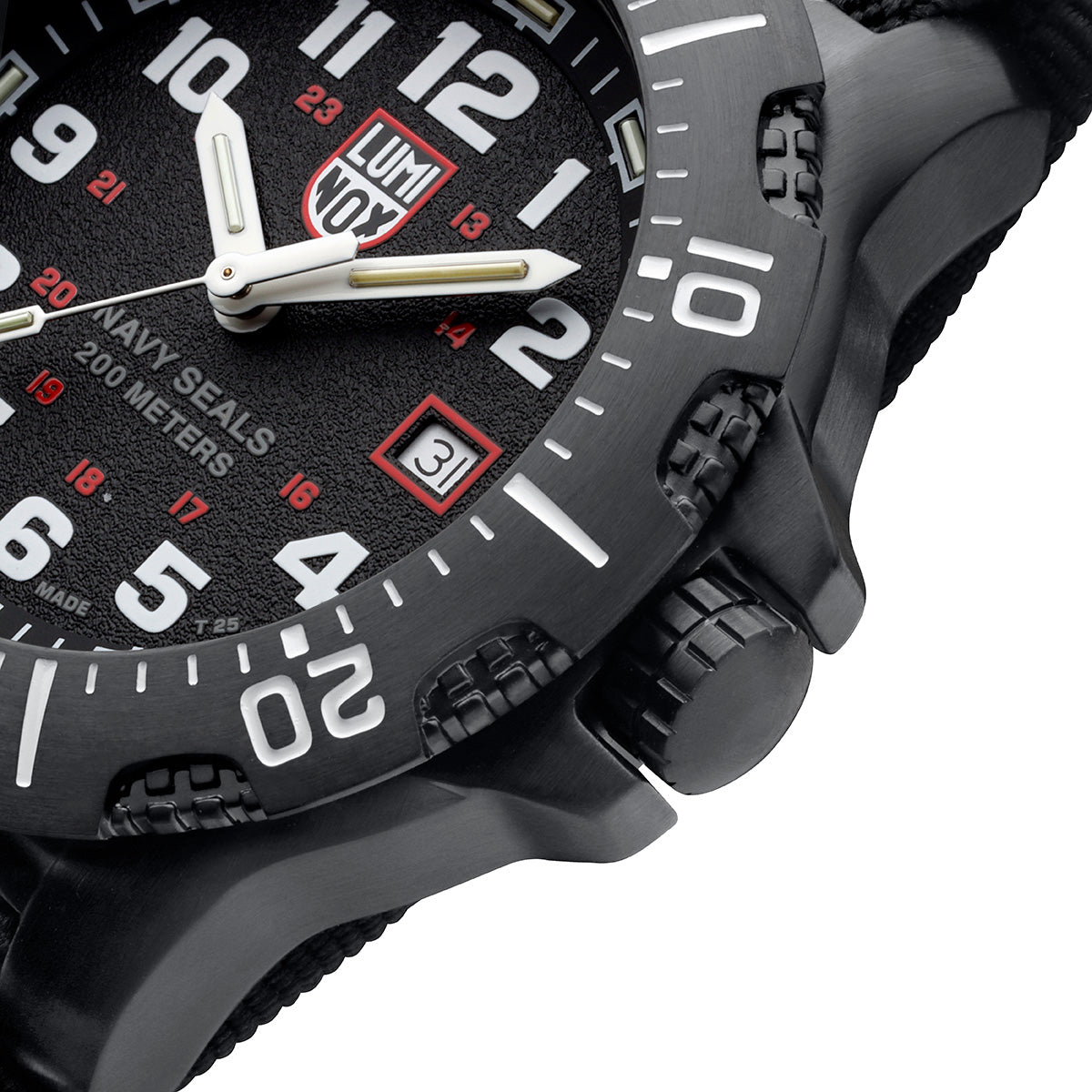 Detailed side view of the Luminox Navy Series Watch 4230 Series XS.4231.SET, emphasizing the textured bezel, crown guard, and robust case design.