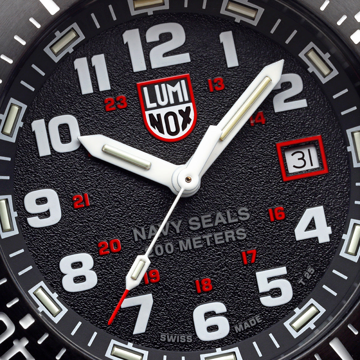 Close-up of the Luminox Navy Series Watch 4230 Series XS.4231.SET dial, showing bold white numerals, red accents, and a date window at 3 o’clock.