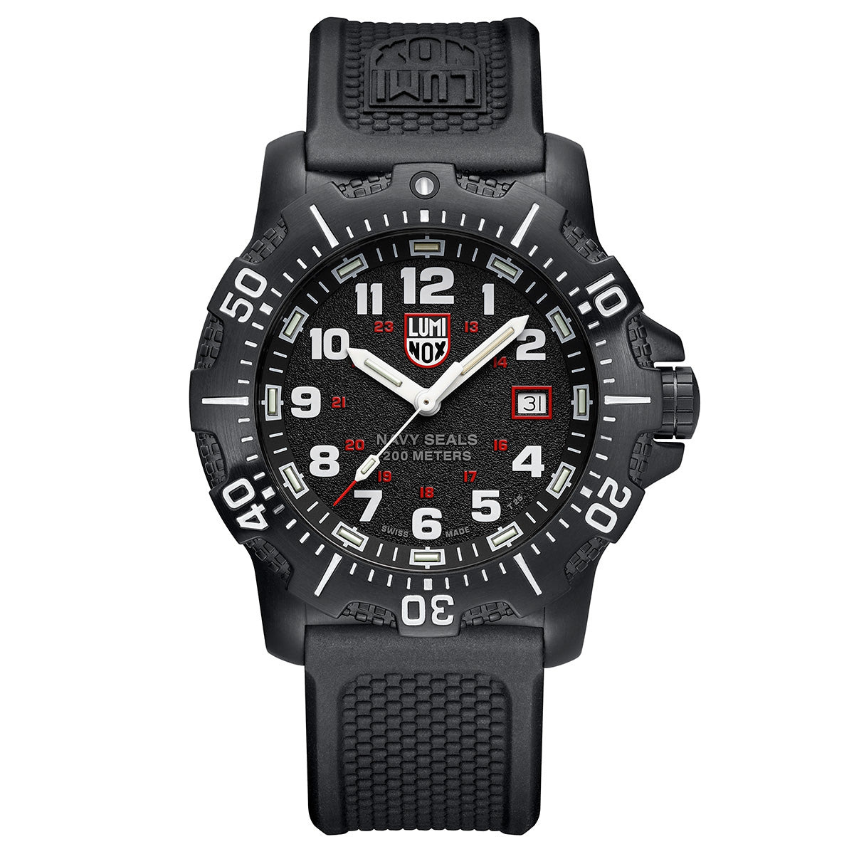 Luminox Navy Series Watch 4230 Series XS.4231.SET with a black dial, white numerals, and red accents, featuring a rugged black rubber strap.