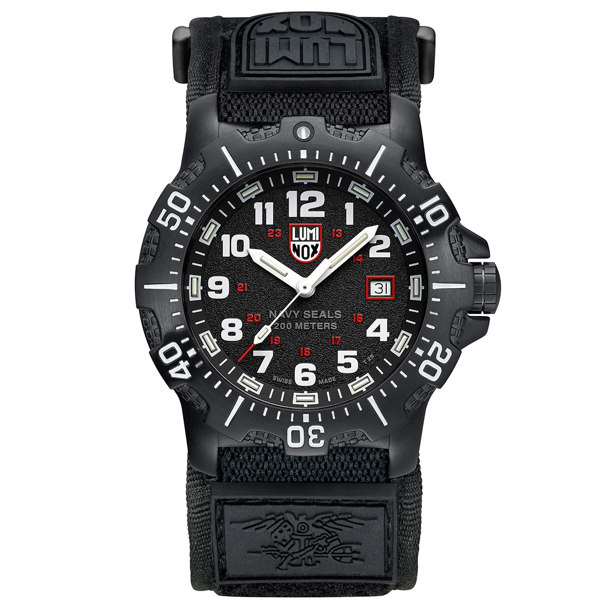 Luminox Navy Series Watch 4230 Series XS.4231.SET with a black dial, white numerals, and a reinforced black fabric strap featuring the Navy SEALs emblem.