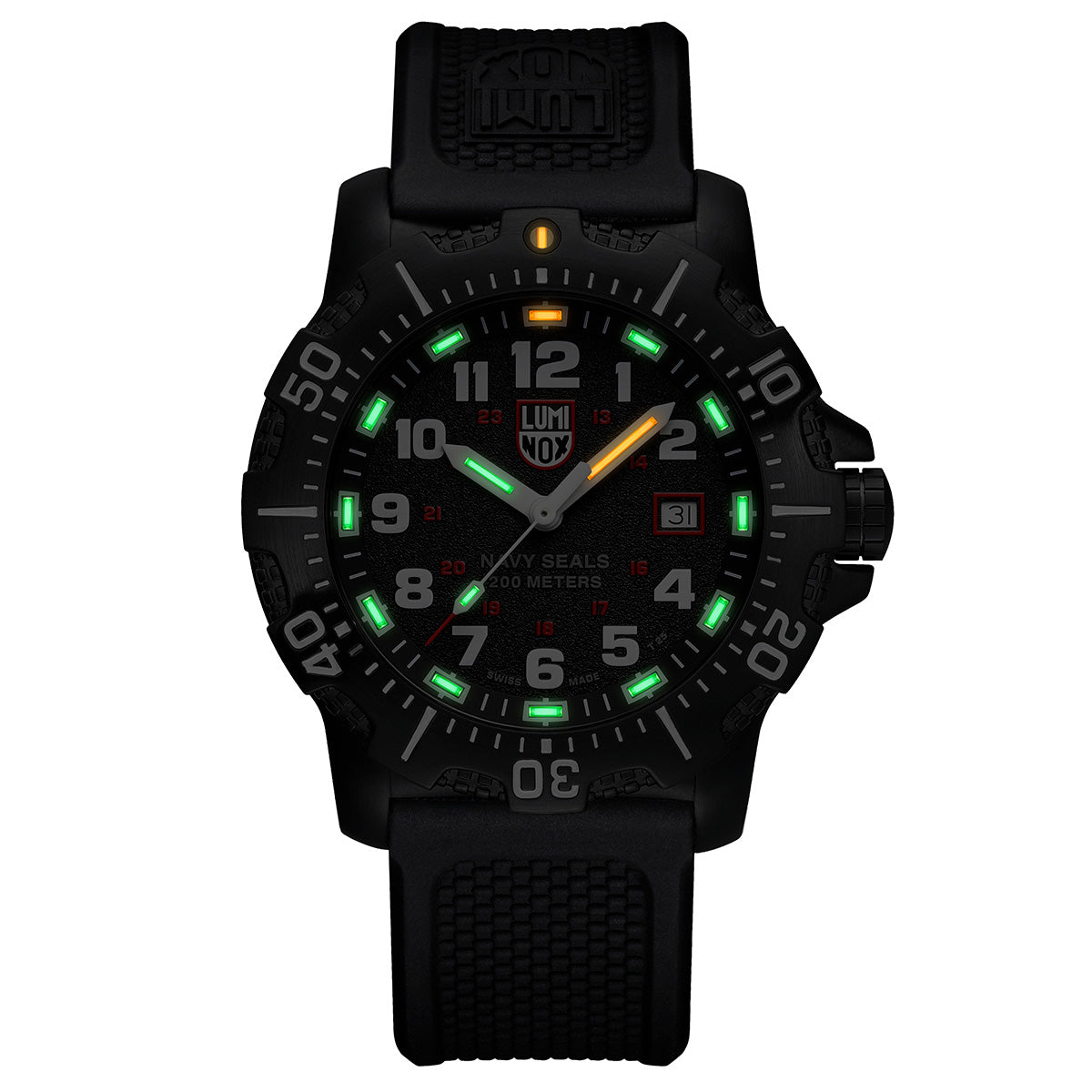 Luminox Navy Series Watch 4230 Series XS.4231.SET illuminated in low light, showcasing its self-powered tritium gas tube technology for visibility.