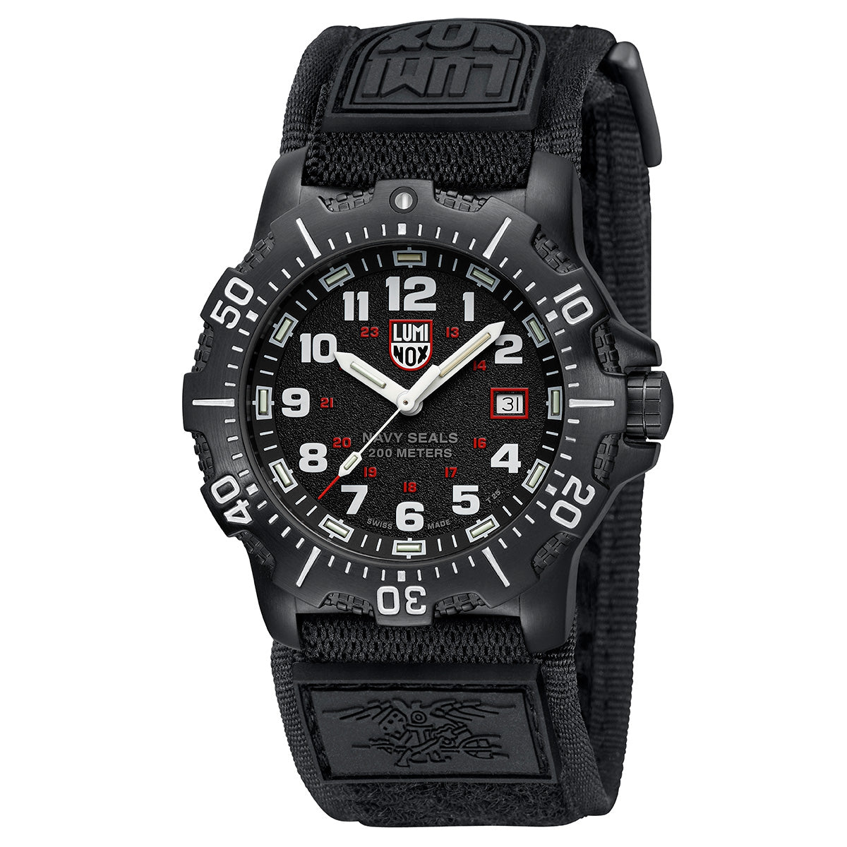 Side view of the Luminox Navy Series Watch 4230 Series XS.4231.SET, highlighting its rugged black case, textured bezel, and durable fabric strap.