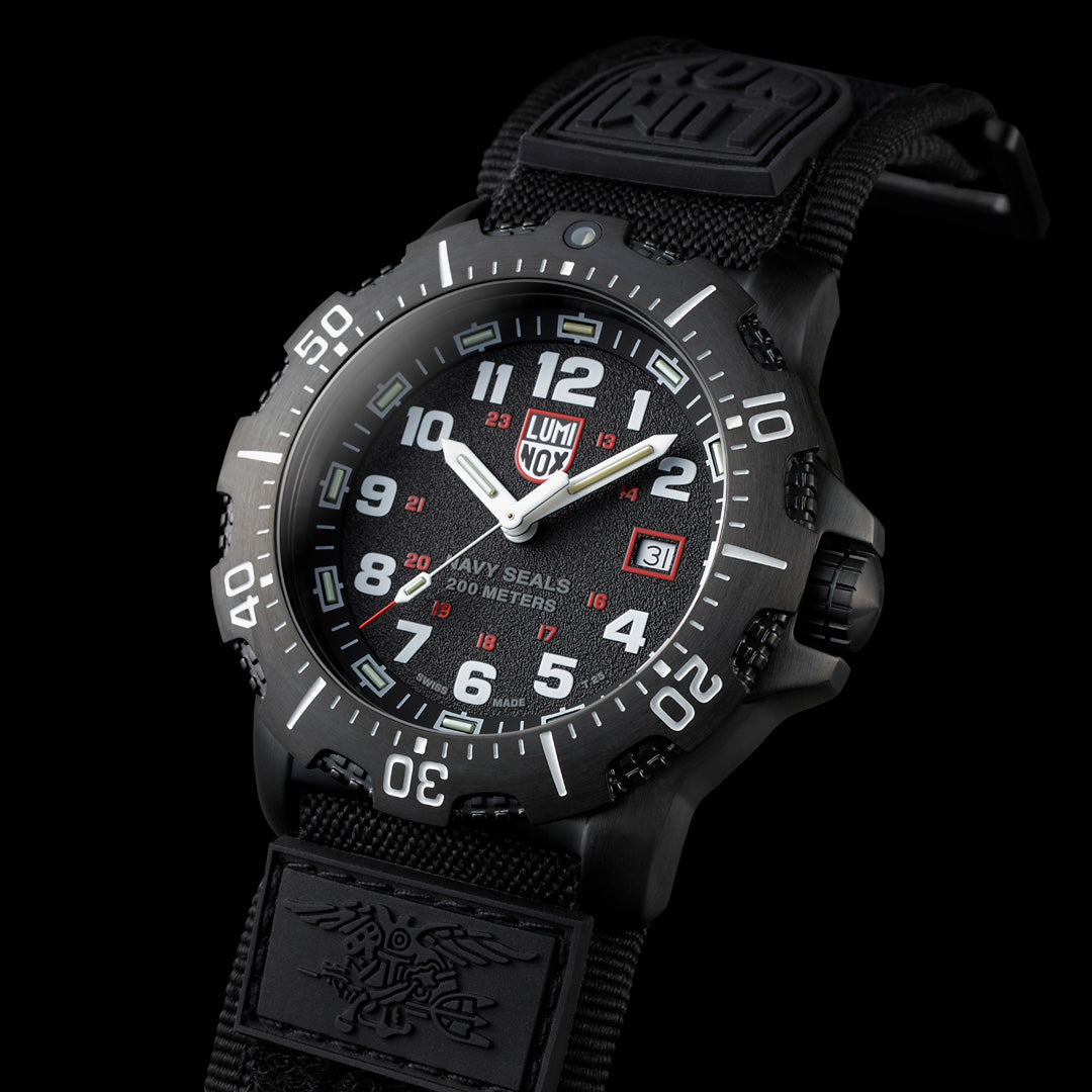 Angled close-up of the Luminox Navy Series Watch 4230 Series XS.4231.SET, emphasizing its luminous dial, bold numerals, and durable black case.