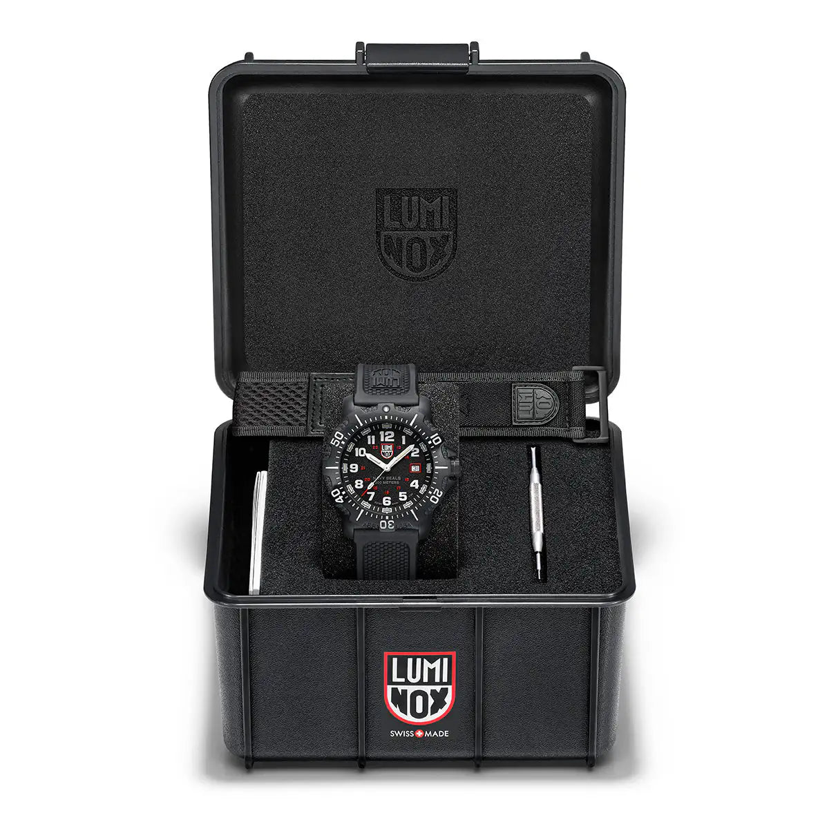 Luminox Navy Series Watch 4230 Series XS.4231.SET presented in a durable black storage case with an extra strap and tools for customization. from John Bull Clothing