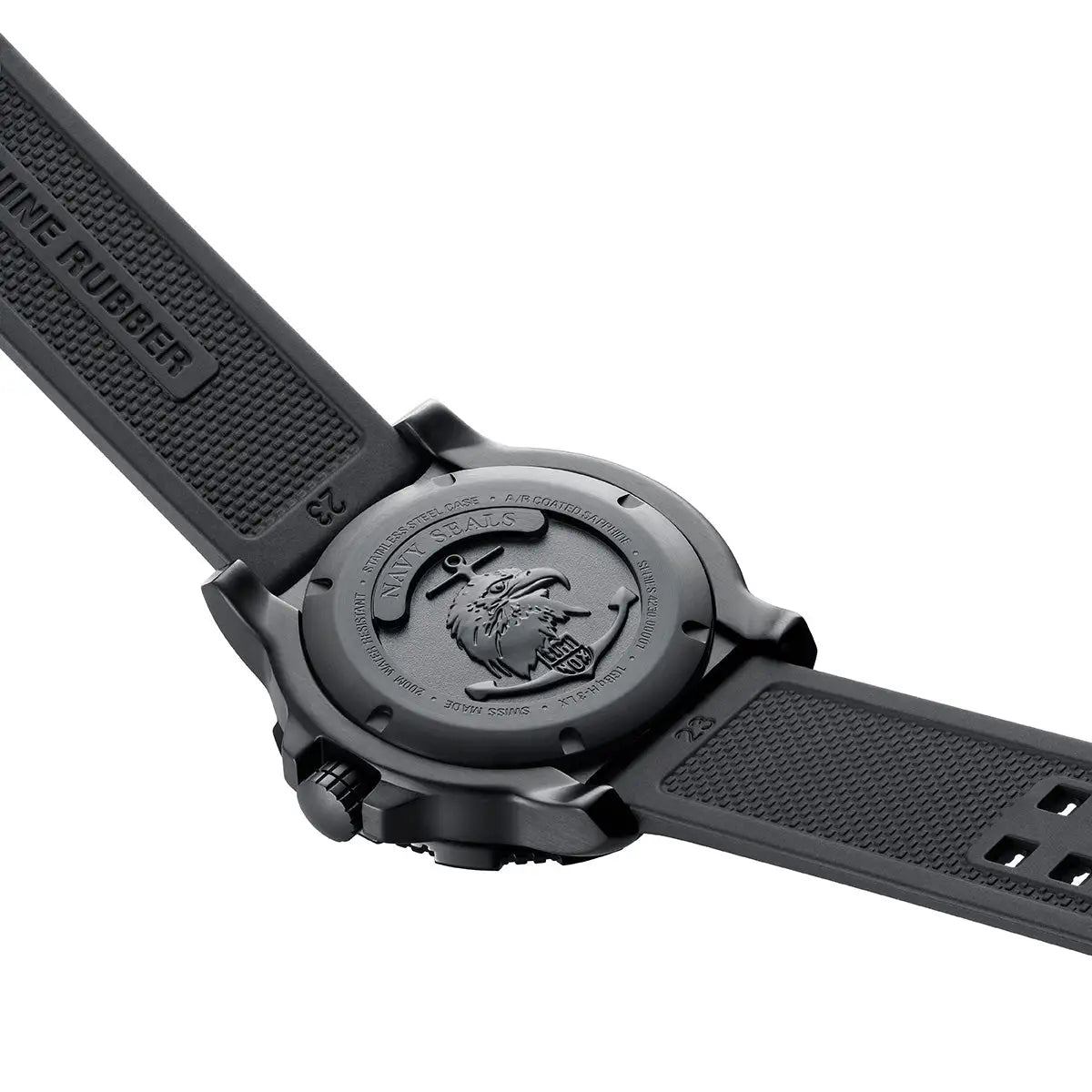 Back view of the Luminox Navy Series Watch 4230 Series XS.4231.SET, displaying the engraved Navy SEALs emblem on the case back and rubber strap. from John Bull Clothing