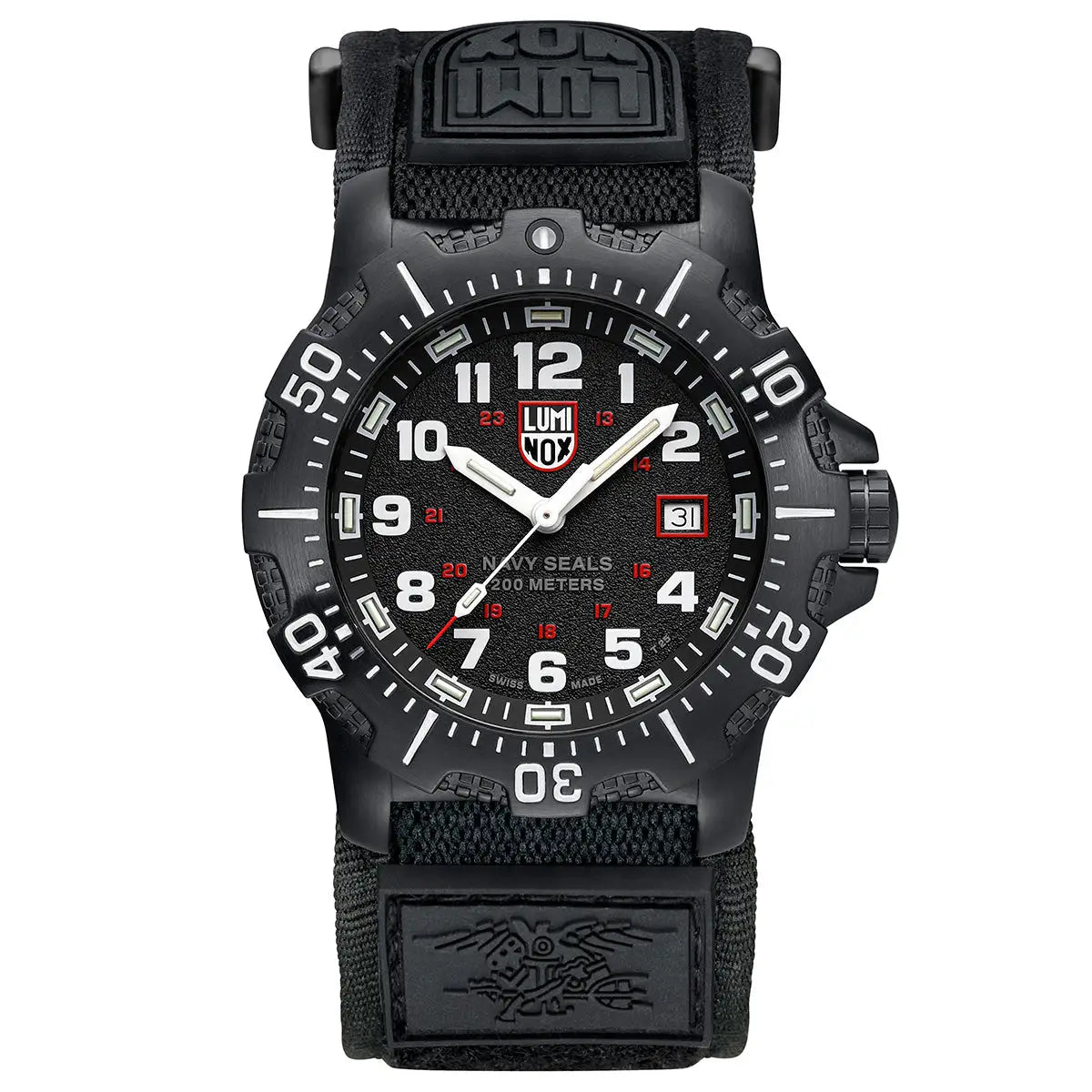 Luminox Navy Series Watch 4230 Series XS.4231.SET with a black dial, white numerals, and a reinforced black fabric strap featuring the Navy SEALs emblem. from John Bull Clothing