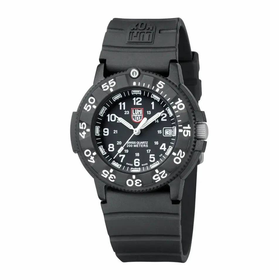 Luminox Original Navy Seal 3000 Series Diver Watch XS.3001.F with a black dial, date display, and luminous hands for enhanced readability.