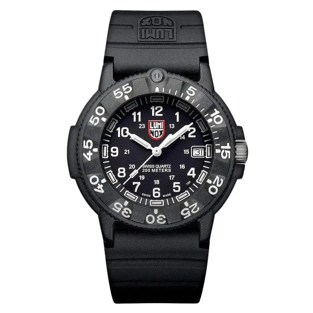 Luminox Original Navy Seal 3000 Series Diver Watch XS.3001.F with a 43mm black CARBONOX case, white numerals, and Swiss quartz movement. from John Bull Clothing
