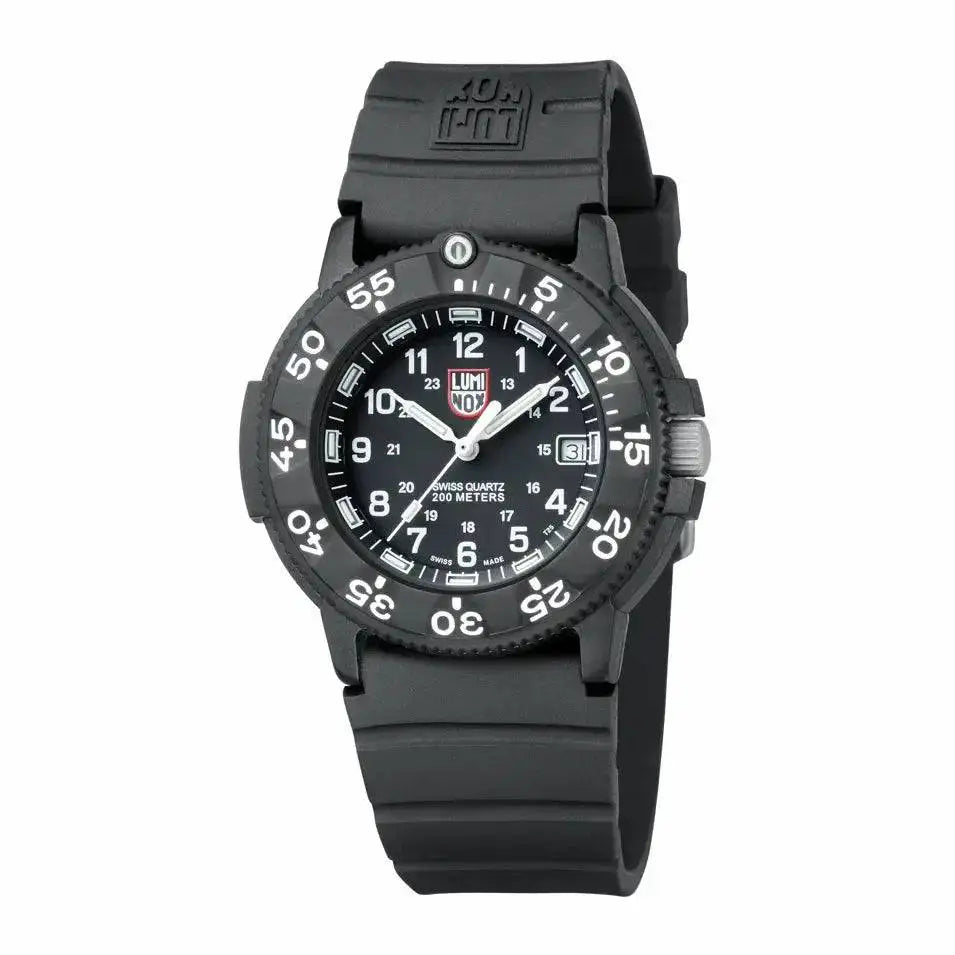 Luminox Original Navy Seal 3000 Series Diver Watch XS.3001.F with a black dial, date display, and luminous hands for enhanced readability. from John Bull Clothing