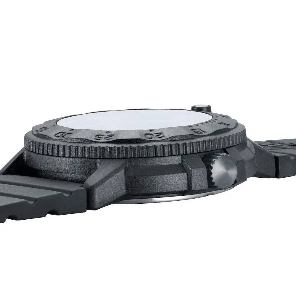 Side profile of the Luminox Original Navy Seal 3000 Series Watch, highlighting its rugged carbon-reinforced case and textured rotating bezel.