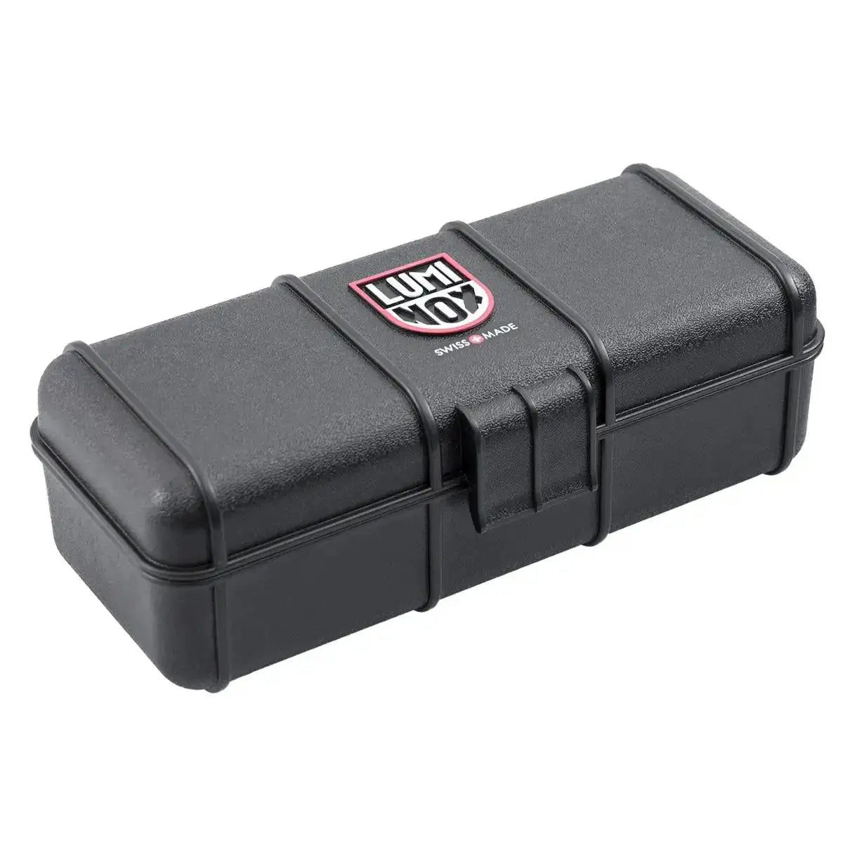 Protective black case for the Luminox Original Navy Seal 3000 Series Watch, designed for secure storage and transport of the timepiece. from John Bull Clothing