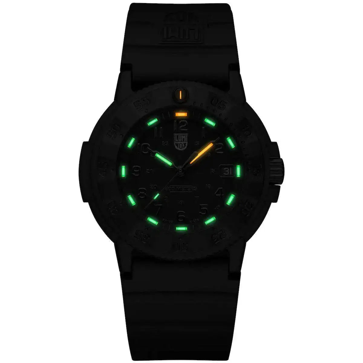 Luminox Original Navy Seal 3000 Series Watch featuring self-powered illumination with green and orange tritium tubes for superior night visibility. from John Bull Clothing