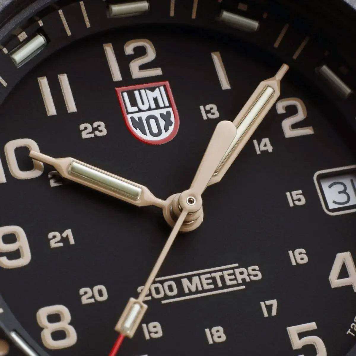 Close-up of the Luminox Navy Seal 3000 Series Watch XS.3001.EVO.OR.S dial, highlighting its luminous hands and rugged design.