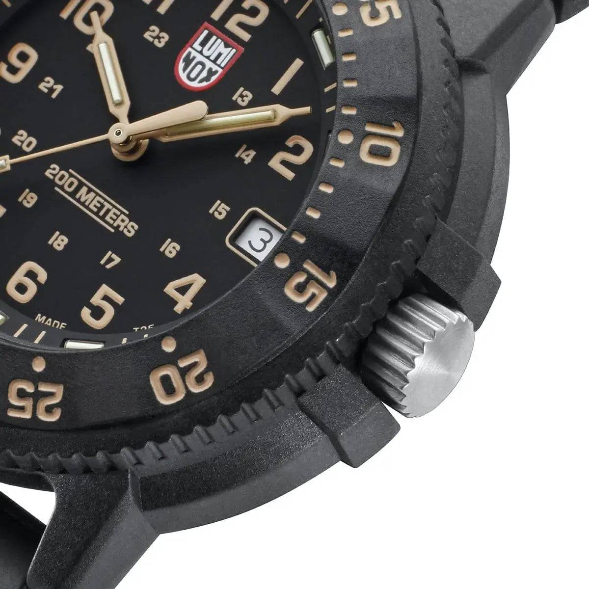 Detailed view of the Luminox Navy Seal 3000 Series Watch XS.3001.EVO.OR.S bezel and crown, emphasizing its tactical and durable construction.