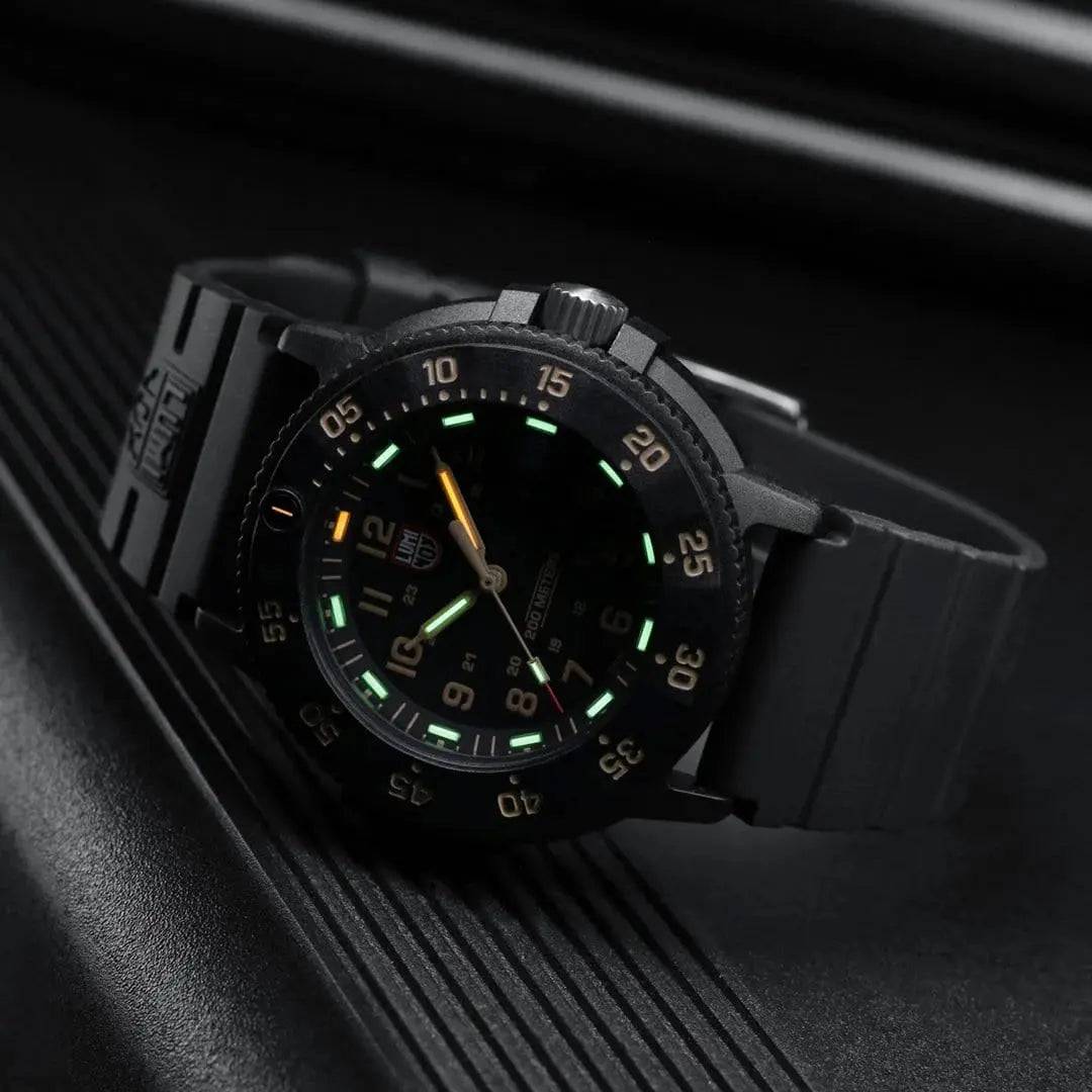 Luminox Original Navy Seal 3000 Series Watch XS.3001.EVO.OR.S displayed at an angle, showcasing its durable black Carbonox case and luminous markers.
