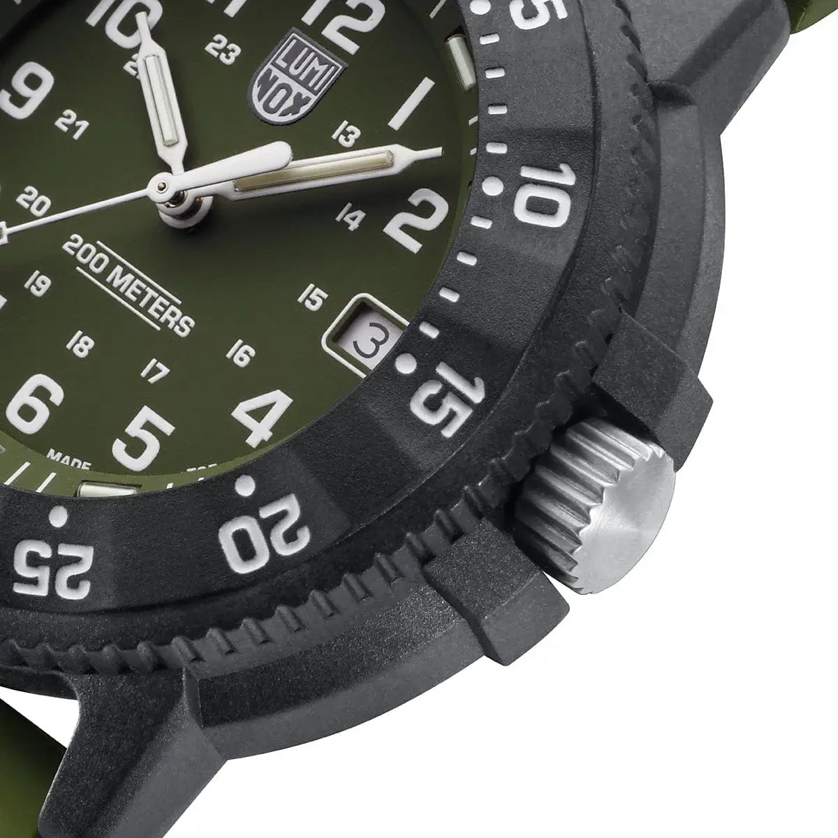 Detailed view of the Luminox Navy Seal 3001 Dive Watch crown and bezel, highlighting rugged Carbonox case and precision design.