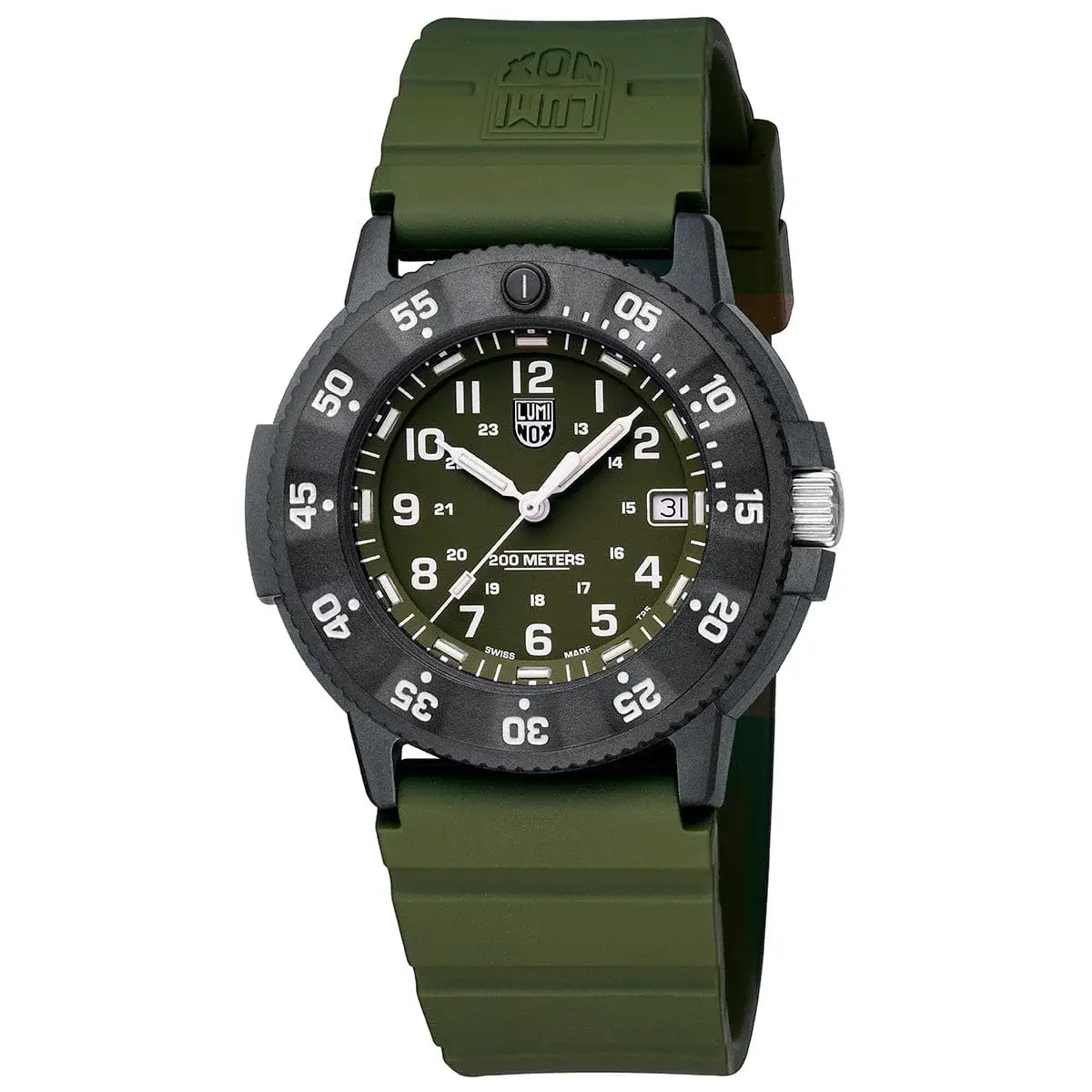 Luminox Original Navy Seal 3001 Dive Watch 43mm XS.3013.EVO.S with olive green strap and black Carbonox case for rugged performance.