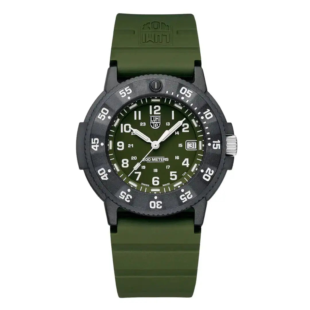 Luminox Original Navy Seal 3001 Dive Watch 43mm XS.3013.EVO.S with green dial and strap, black bezel, and 200m water resistance. from John Bull Clothing