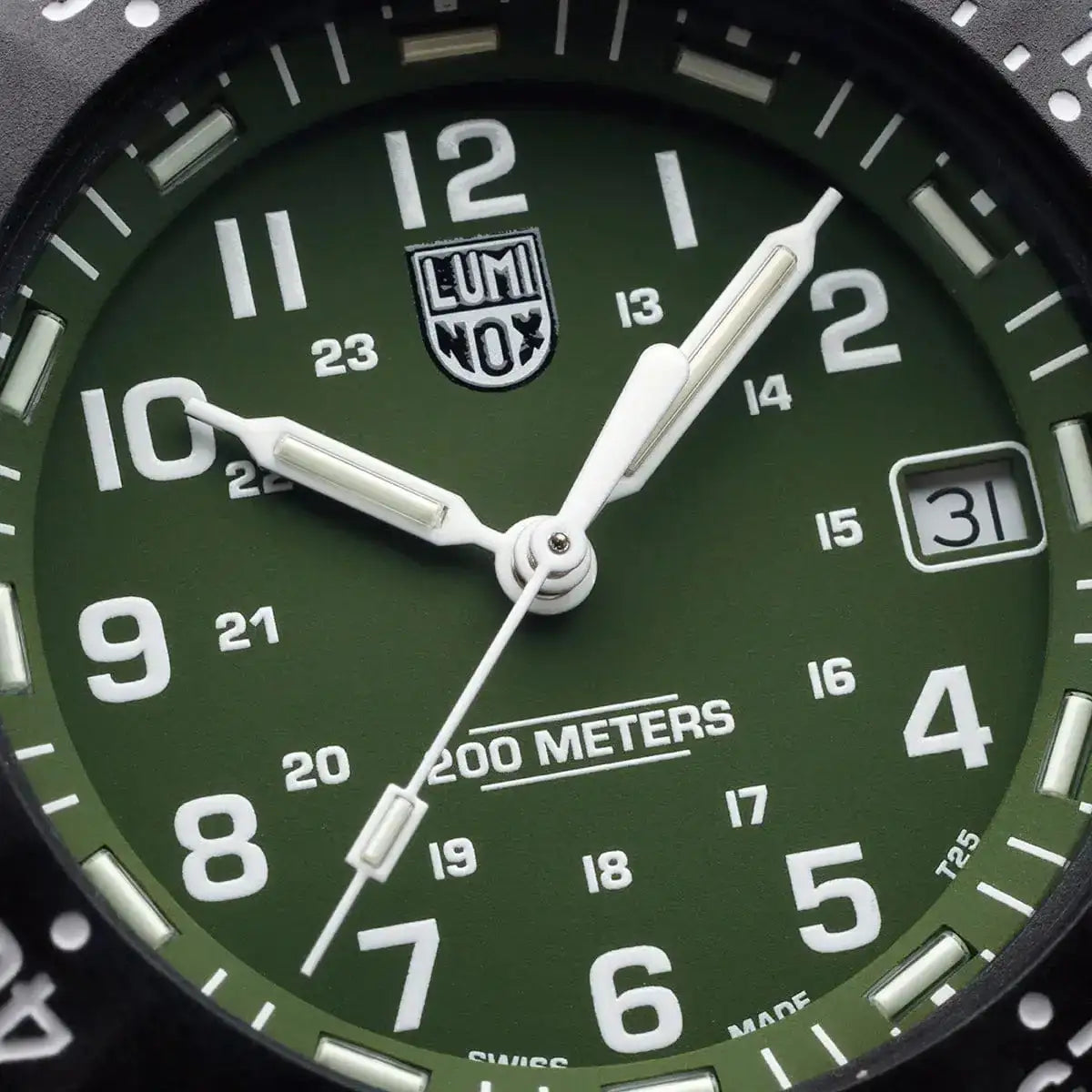 Close-up of Luminox Original Navy Seal 3001 Dive Watch dial showing white hands, date window, and 200 meters water resistance marking. from John Bull Clothing