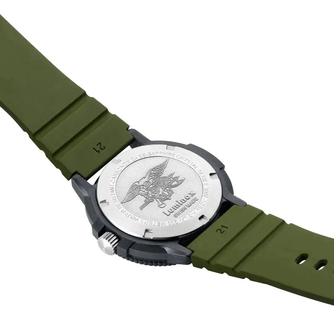 Back case of Luminox Navy Seal 3001 Dive Watch engraved with Navy Seal emblem, highlighting its military-grade build. from John Bull Clothing