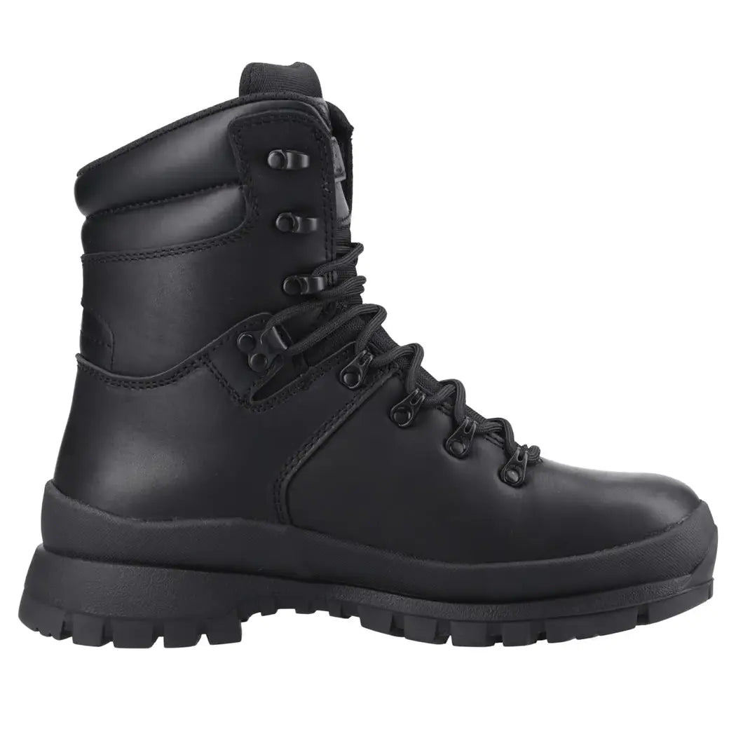 Black leather police boot with rugged sole and secure lacing system