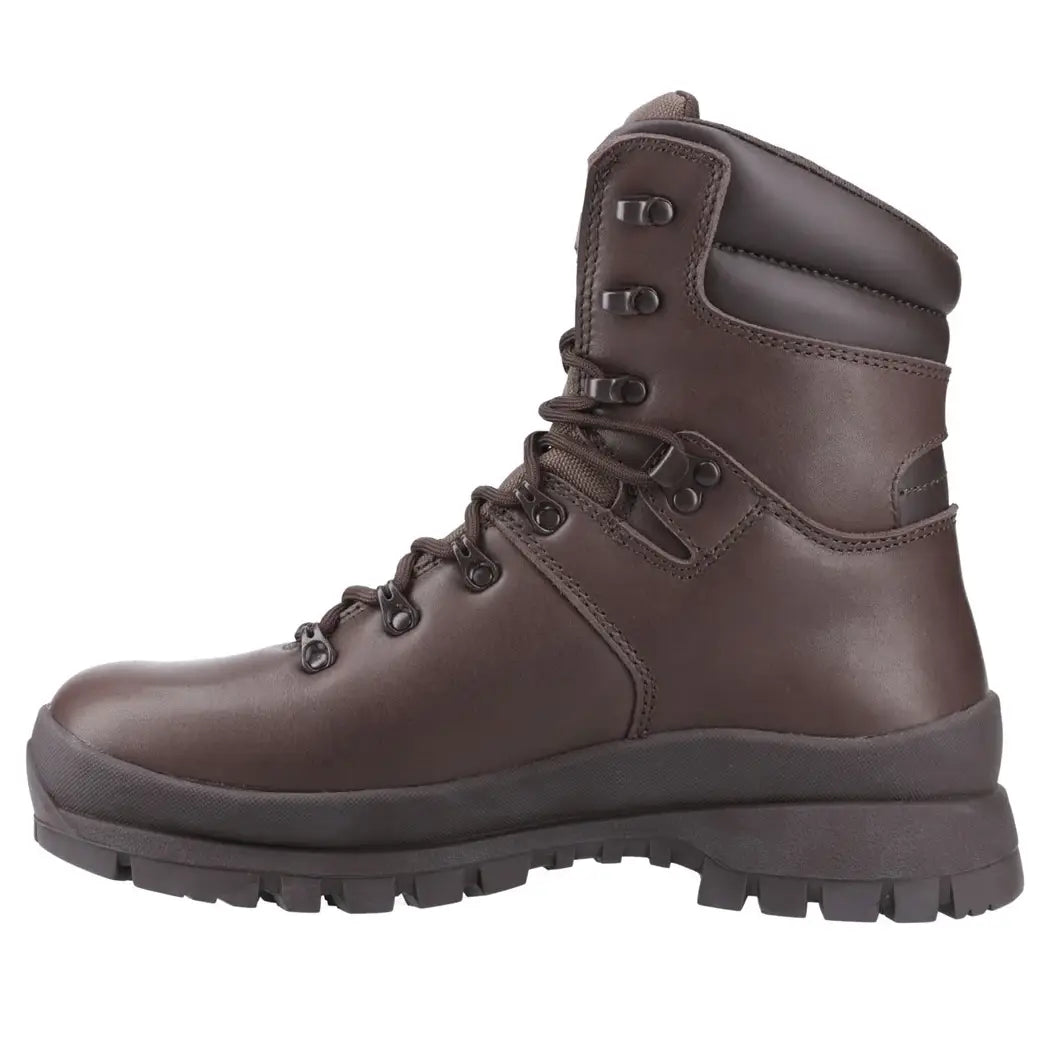 Close-up of brown leather military boot with laces and padded ankle