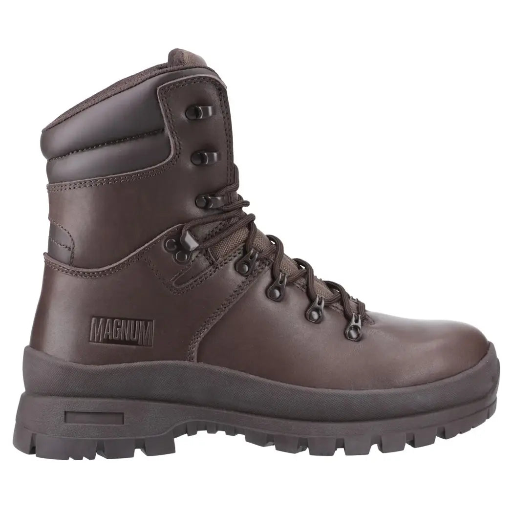 Side view of brown tactical leather boot with rugged sole