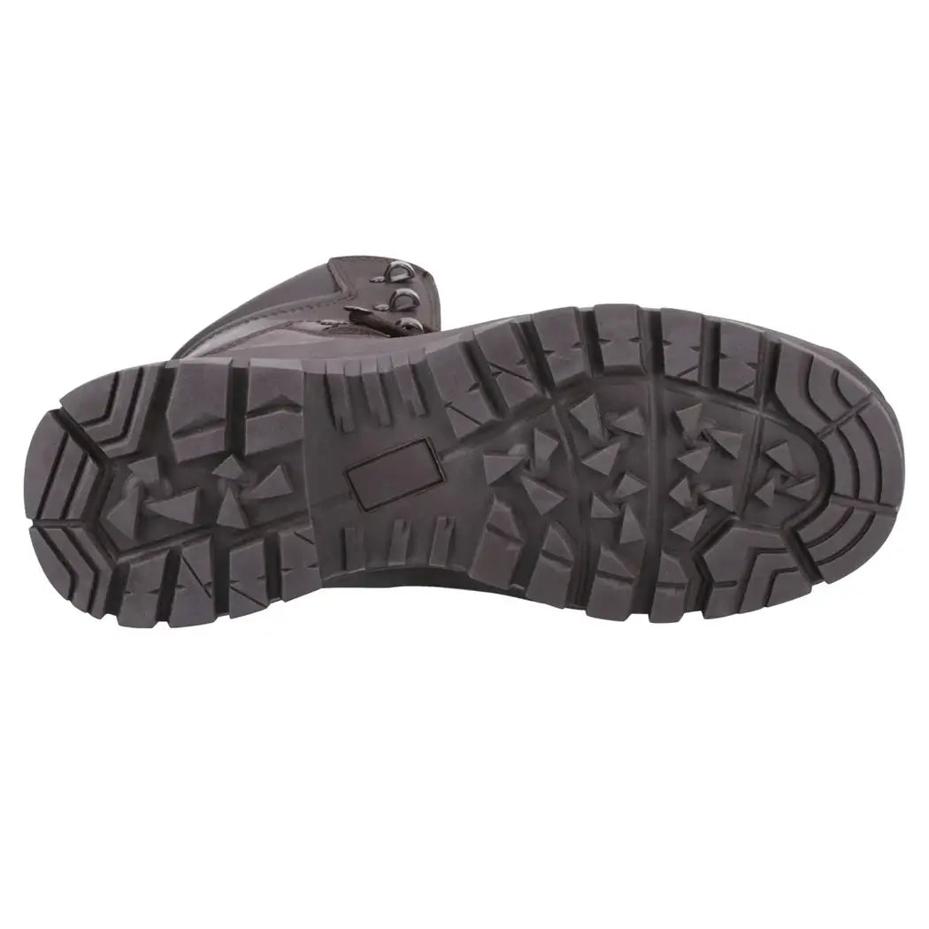 Bottom view of rugged outsole of tactical leather boot