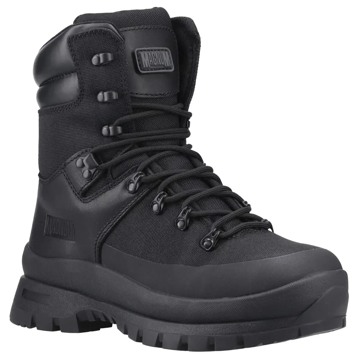 Black tactical police boots with rugged sole and padded ankle support