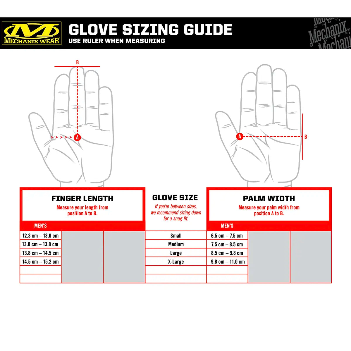 Mechanix glove sizing guide chart with hand measurements for accurate fit selection in tactical and industrial glove categories.