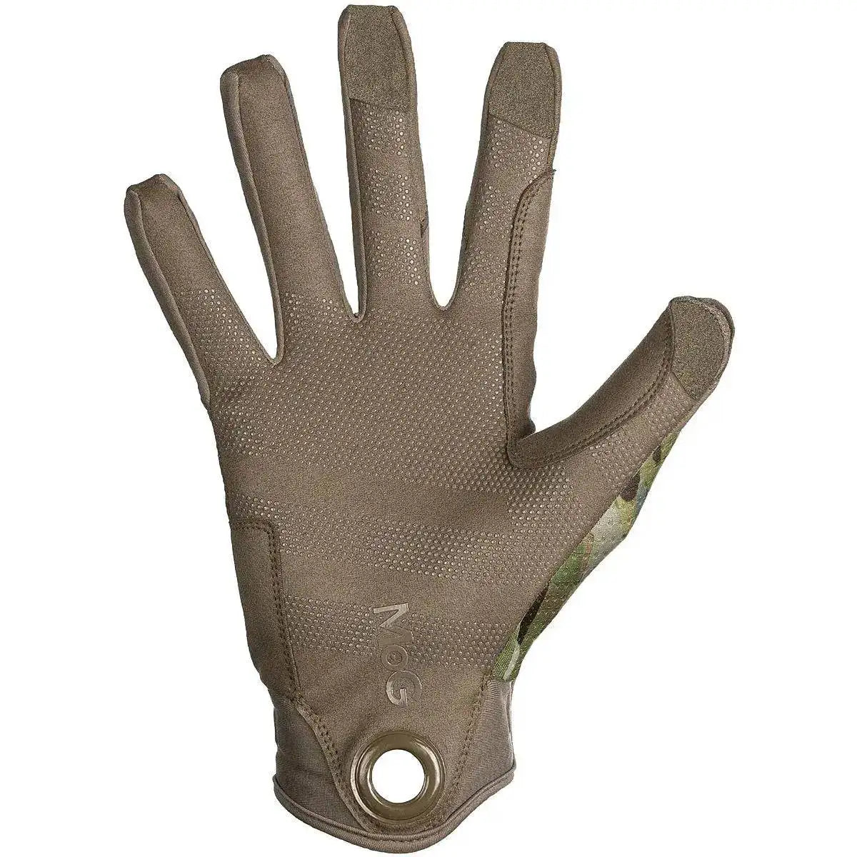 Palm view of MoG Target High Abrasion Ergoshield Gloves in Multicam with textured grip and pull loop for durability and secure handling in field operations. from John Bull Clothing